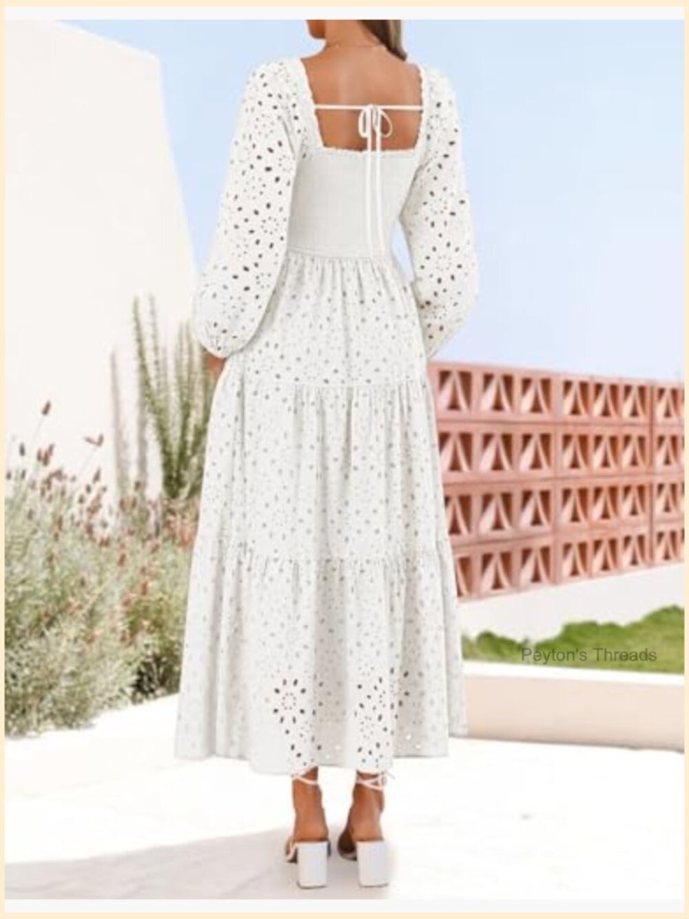 Square Neck Smocked A-Line Maxi Dress with Eyelet Detail - Picture 4 of 7